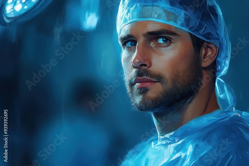 Basic drawing of a surgeon with a focus light on, [Focused Operation], [Surgical Environment], No logo, No Trademark, No text, minimal concept with copy space for stock photo