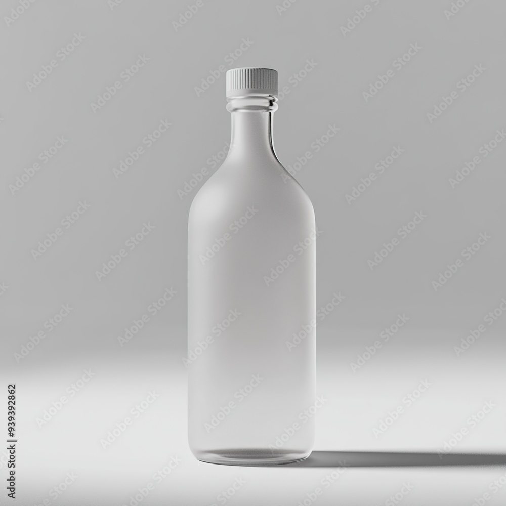 A clear glass bottle with a white cap on a white background. A clear glass bottle with a white cap on a white background.
