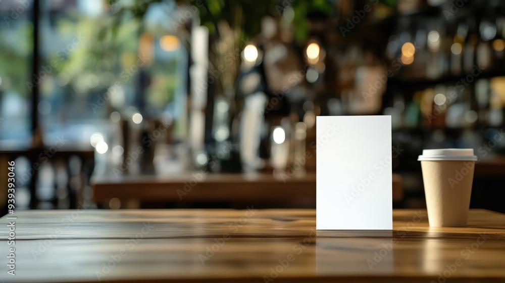 A mockup table tent menu card displayed on a wooden table in a cozy cafe with blurred warm lights in the background. A mockup table tent menu card displayed on a wooden table in a cozy cafe with blurred warm lights in the background.