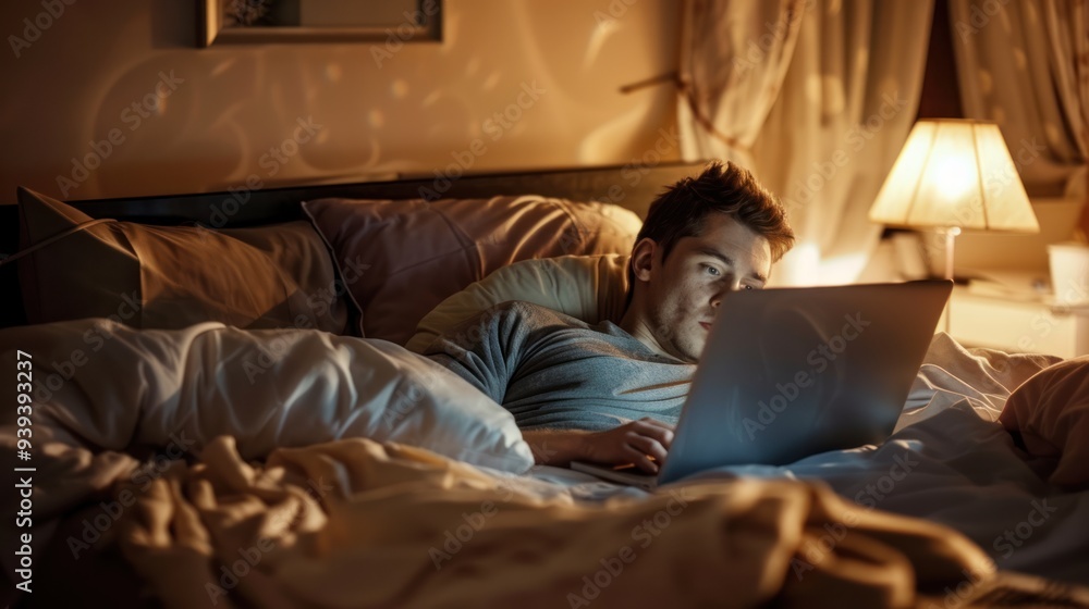A young adult in bed with a laptop propped up on pillows working late A young adult in bed with a laptop propped up on pillows working late