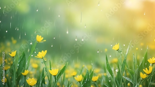 Picture of a field of yellow flowers with rain drops