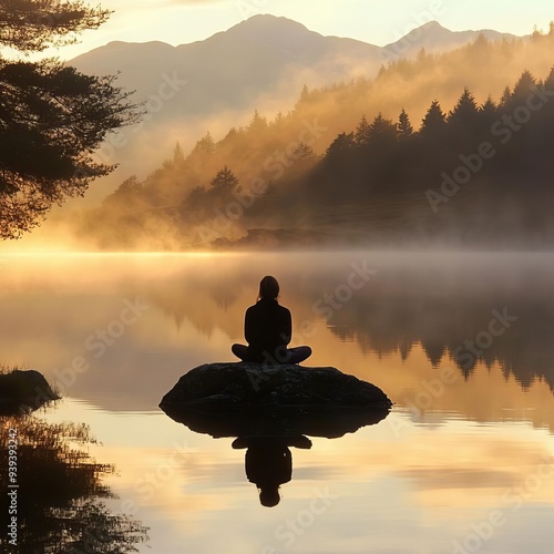 Silhouette woman meditating on beach at sunrise