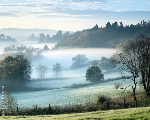 Misty morning fog over the river, reflecting the sunrise on the calm water, creating a breathtaking landscape