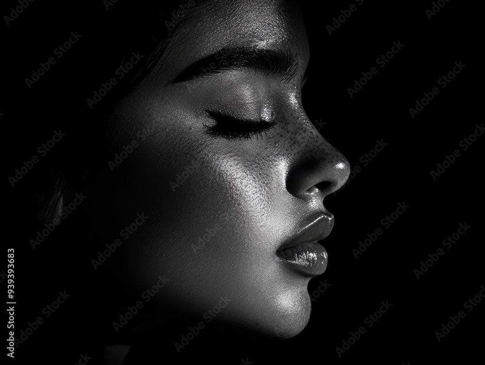 Black and White Profile of a Woman with Shimmering Skin and Closed Eyes Emphasizing Texture and Light Black and White Profile of a Woman with Shimmering Skin and Closed Eyes Emphasizing Texture and Light