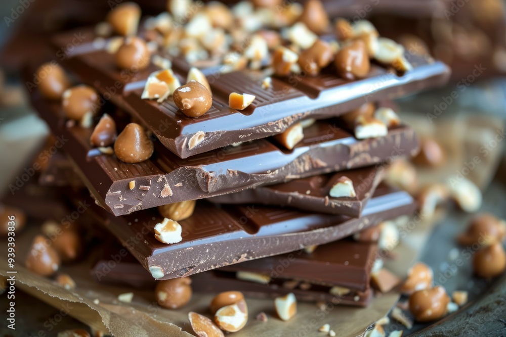Delicious dark chocolate bars with almonds and caramel pieces, creating a tempting and indulgent treat Delicious dark chocolate bars with almonds and caramel pieces, creating a tempting and indulgent treat