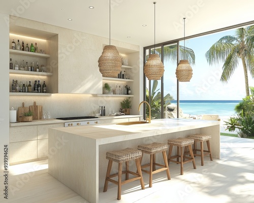 Coastal Kitchen Island with Palm Tree View Luminous Beachside Kitchen with Woven Stools and Pendant Lights photo