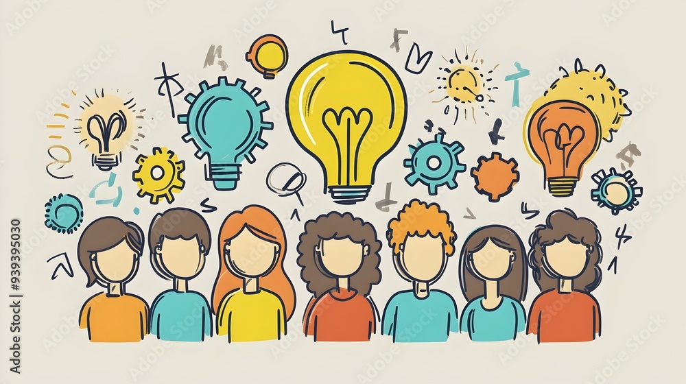 Fototapeta premium Playful of a Diverse Team Brainstorming with Lightbulbs,Arrows,and Gears for Innovative Ideas and