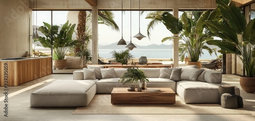 Coastal Living Room Lowangle view of a modern sectional sofa wooden coffee table and rug in a minimalist home overlooking the ocean