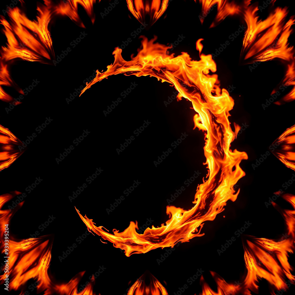 Fiery Crescent Shape with Flames on Black Background Fiery Crescent Shape with Flames on Black Background