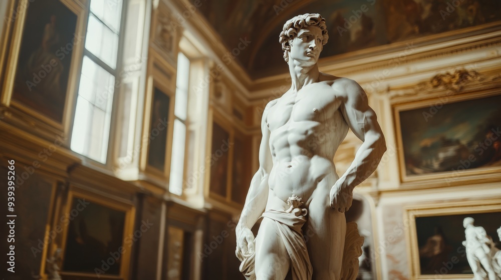 Classic marble statue of a man in an art gallery with ornate decor, bathed in natural light from tall windows. Classic marble statue of a man in an art gallery with ornate decor, bathed in natural light from tall windows.