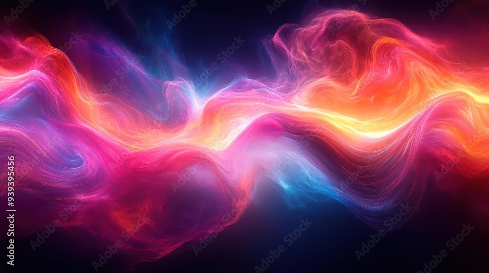 Obraz premium ethereal fluid art iridescent holographic waves in mesmerizing motion abstract digital painting with flowing curves and prismatic color shifts on dark background