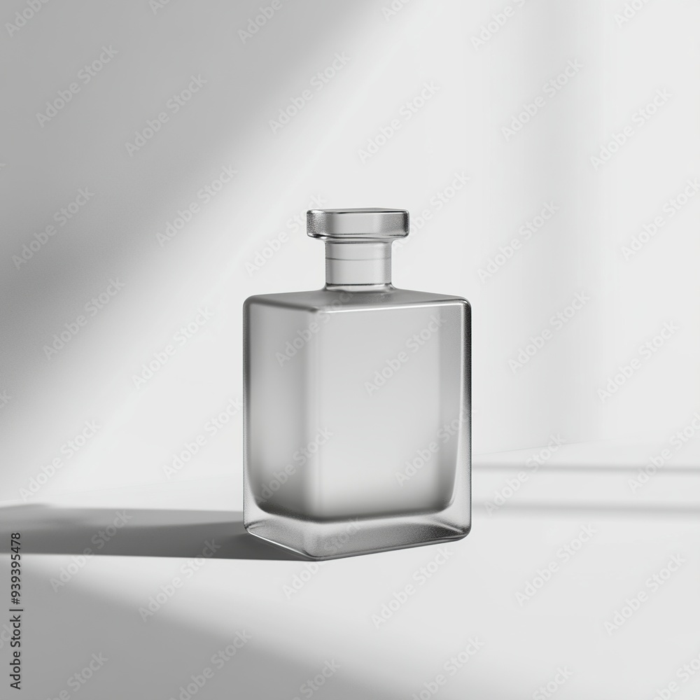A clear glass bottle with a square body and a flat lid on a white background with shadows. A clear glass bottle with a square body and a flat lid on a white background with shadows.