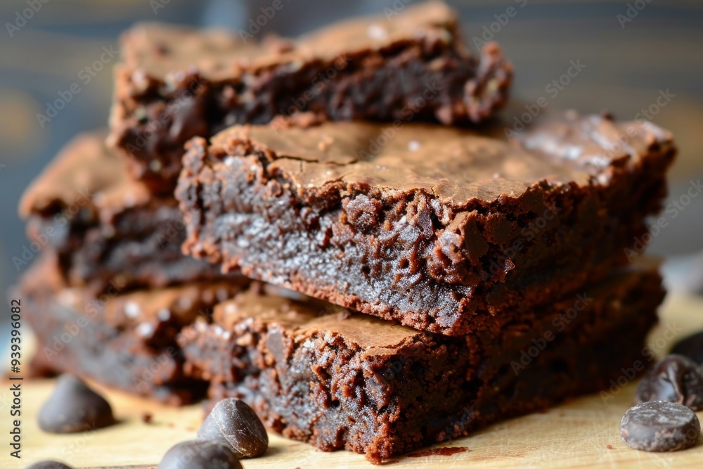 Freshly baked chocolate brownies stacked high, revealing a fudgy interior and tempting chocolate chips Freshly baked chocolate brownies stacked high, revealing a fudgy interior and tempting chocolate chips