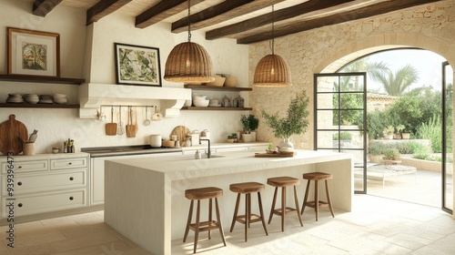 Mediterranean Kitchen with Wicker Lights and Garden View Sunlight pours through arched French doors onto a minimalist island and wooden stools inviting relaxation