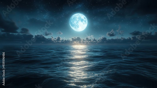 ethereal moonlit seascape full moon casting silvery light across tranquil waters mystical atmosphere with subtle clouds and starry sky reflecting on gentle waves