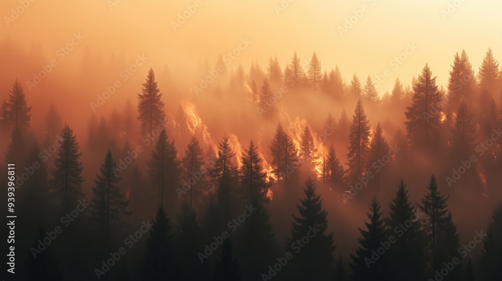 A massive wildfire engulfs a dense forest, creating an orange, smoke-filled sky, illustrating the catastrophic impact of wildfires. A massive wildfire engulfs a dense forest, creating an orange, smoke-filled sky, illustrating the catastrophic impact of wildfires.