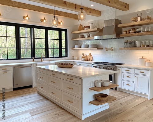 Modern Farmhouse Kitchen Island Perspective White Cabinets Gold Hardware Marble Counter Rustic Wood Shelves Natural Light