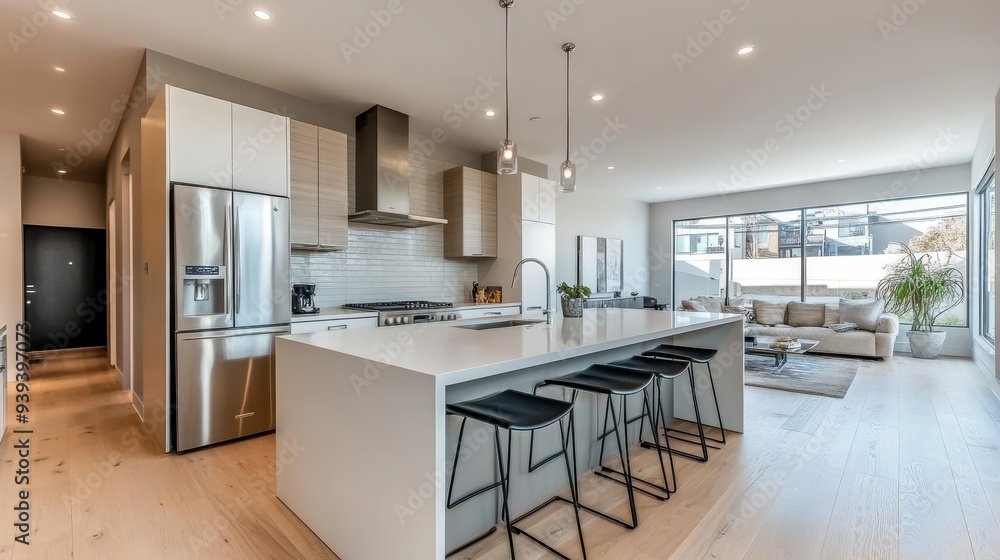 Modern Kitchen Island with Barstools Wide Angle View White Cabinets Stainless Steel Appliances Natural Light Wood Floors Modern Kitchen Island with Barstools Wide Angle View White Cabinets Stainless Steel Appliances Natural Light Wood Floors