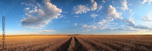 North Dakota Farm Landscape. Panoramic View of Great Plains Agricultural Field and Meadow under Sky photo