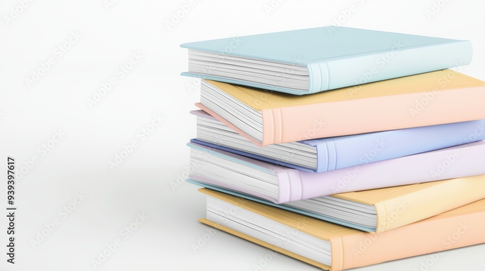 Set of charming storybooks with pastel covers, stacked, isolated on white background, 3D illustration Set of charming storybooks with pastel covers, stacked, isolated on white background, 3D illustration