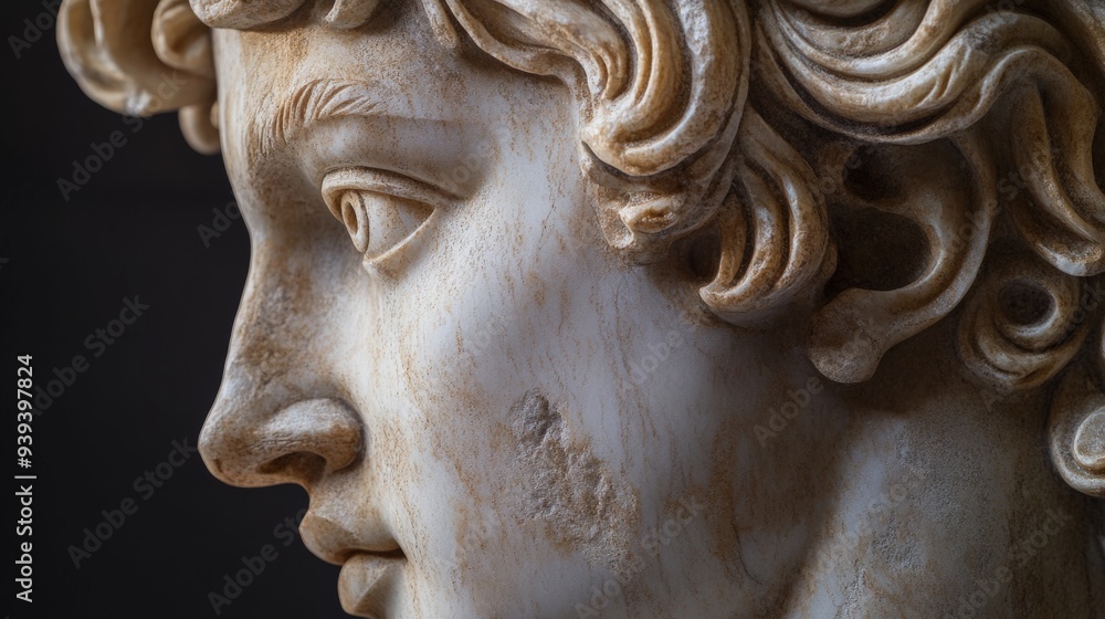 Close-up of a classical marble statue's face, showcasing detailed features and intricate craftsmanship against a dark background. Close-up of a classical marble statue's face, showcasing detailed features and intricate craftsmanship against a dark background.