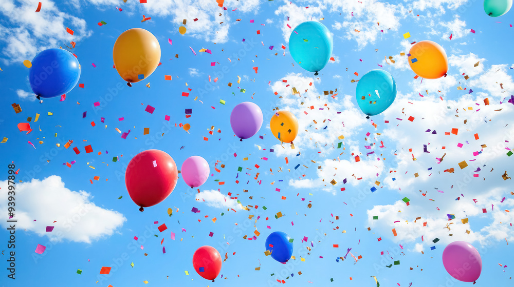 vibrant party balloons with falling confetti against summer sky vibrant party balloons with falling confetti against summer sky