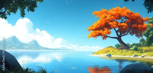 A solitary orange tree stands against a bright blue sky its reflection shimmering in the calm lake water creating a serene landscape