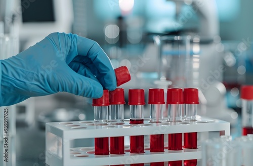 Lab Tech in Gloves Handling Blood Samples in Rack