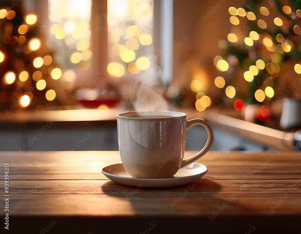 A warm cup of coffee sits on a wooden table beside a festive Christmas tree decorated with twinkling lights and cozy ambiance A warm cup of coffee sits on a wooden table beside a festive Christmas tree decorated with twinkling lights and cozy ambiance
