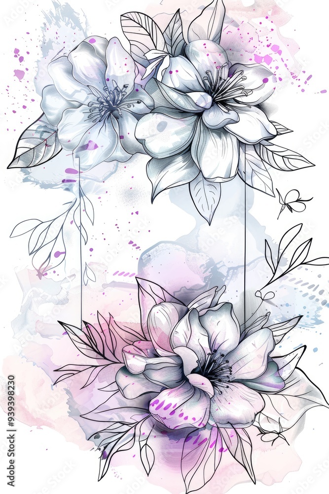 Square white card with a floral design, surrounded by pink and white flowers, set against a white background in a gentle watercolor cartoon style. Square white card with a floral design, surrounded by pink and white flowers, set against a white background in a gentle watercolor cartoon style.