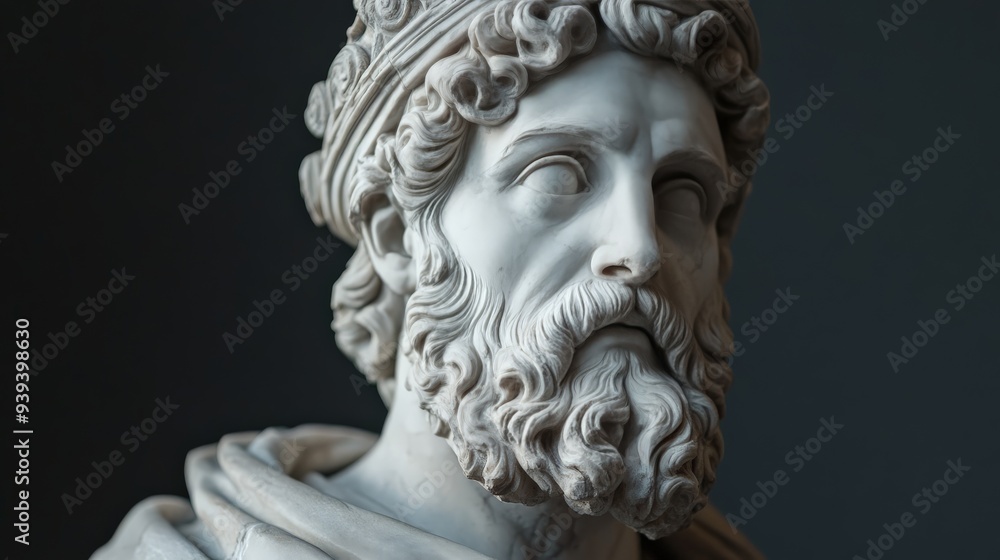 Close-up of a detailed classical marble statue depicting a bearded man with a crown, showcasing exquisite craftsmanship against a dark background. Close-up of a detailed classical marble statue depicting a bearded man with a crown, showcasing exquisite craftsmanship against a dark background.