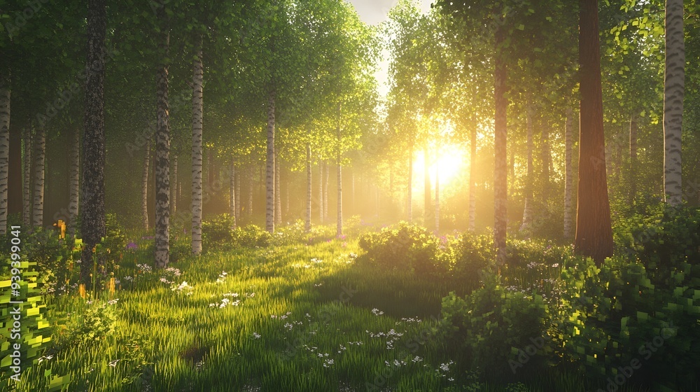 Naklejka premium Enchanting Forest Pathway with Streaming Sunlight and Lush Greenery