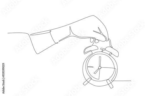 Hand holding an alarm clock. Alarm clocks concept one-line drawing