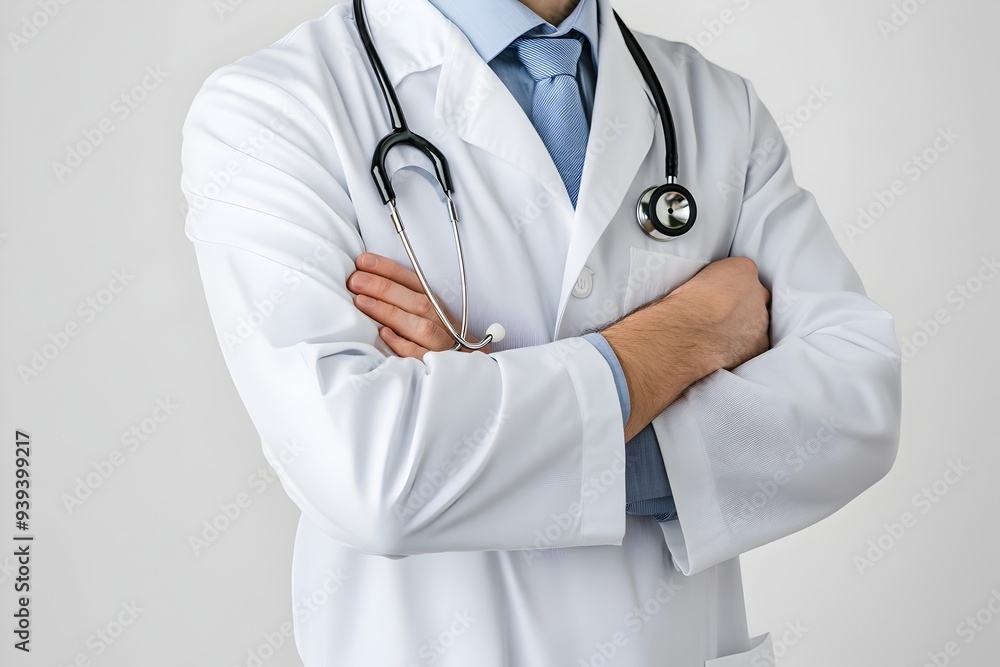 Portrait of a Medical Professional in a White Lab Coat with a Stethoscope on a White Background Portrait of a Medical Professional in a White Lab Coat with a Stethoscope on a White Background