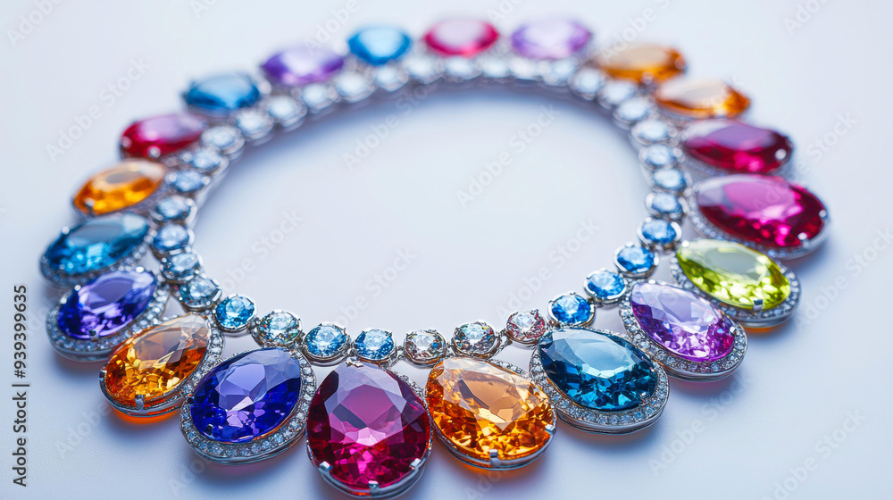 An elegant close-up of a colorful gemstone necklace arranged in a circular pattern, showcasing an array of vibrant hues, Ideal for jewelry advertisements, fashion editorials An elegant close-up of a colorful gemstone necklace arranged in a circular pattern, showcasing an array of vibrant hues, Ideal for jewelry advertisements, fashion editorials