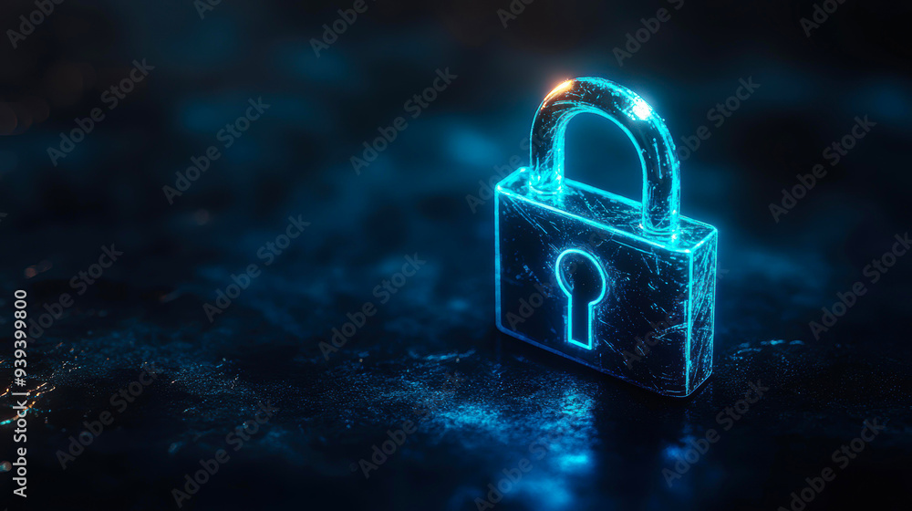 Fototapeta premium A glowing digital padlock on a dark, abstract background symbolizes cybersecurity, data protection, and online privacy, suitable for articles or websites about internet security and technology,