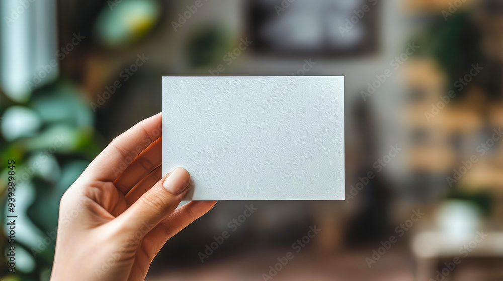 A hand holds a blank white card against a blurred background with houseplants, ideal for mockups, invitations, or business presentations, A hand holds a blank white card against a blurred background with houseplants, ideal for mockups, invitations, or business presentations,