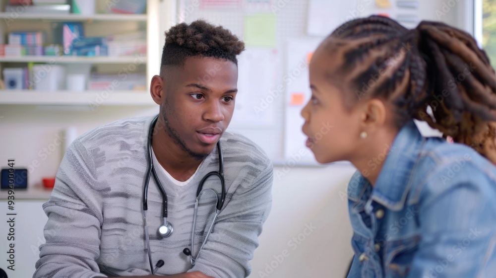 A teenager and parent discussing vaccination, looking at information together and making decisions A teenager and parent discussing vaccination, looking at information together and making decisions