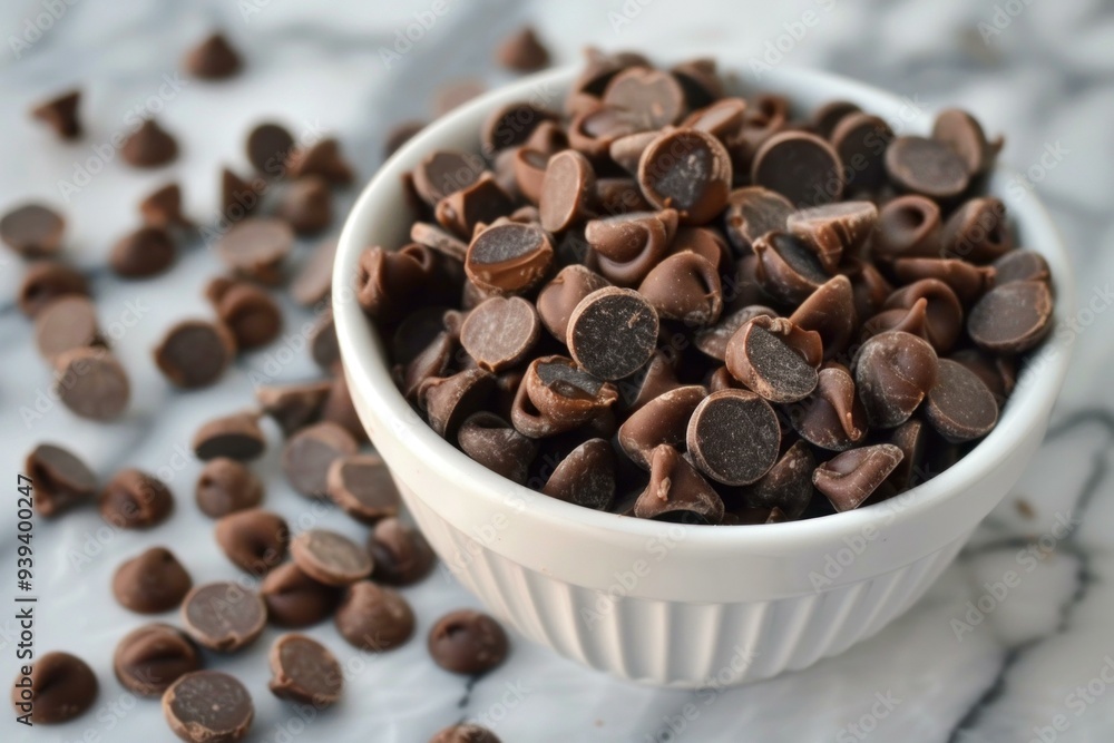 White bowl overflowing with semi sweet chocolate chips on a marble countertop White bowl overflowing with semi sweet chocolate chips on a marble countertop