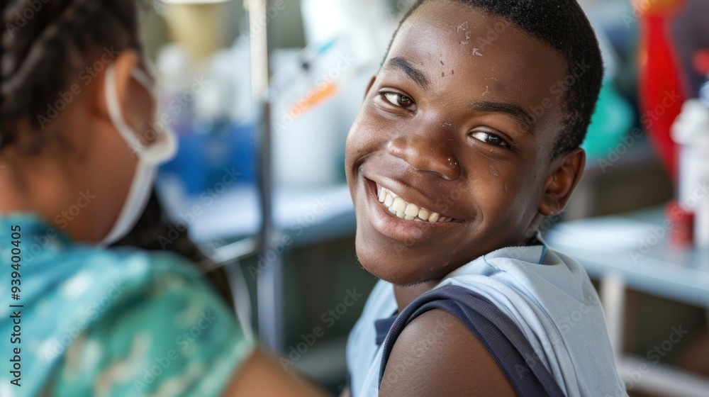 Fototapeta premium A teenager receiving a vaccine at a clinic, smiling and showing bravery