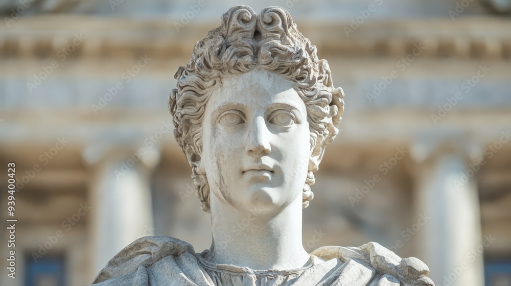 Close-up of an ancient marble statue with detailed facial features and curly hair, set against a classical architectural background. Close-up of an ancient marble statue with detailed facial features and curly hair, set against a classical architectural background.