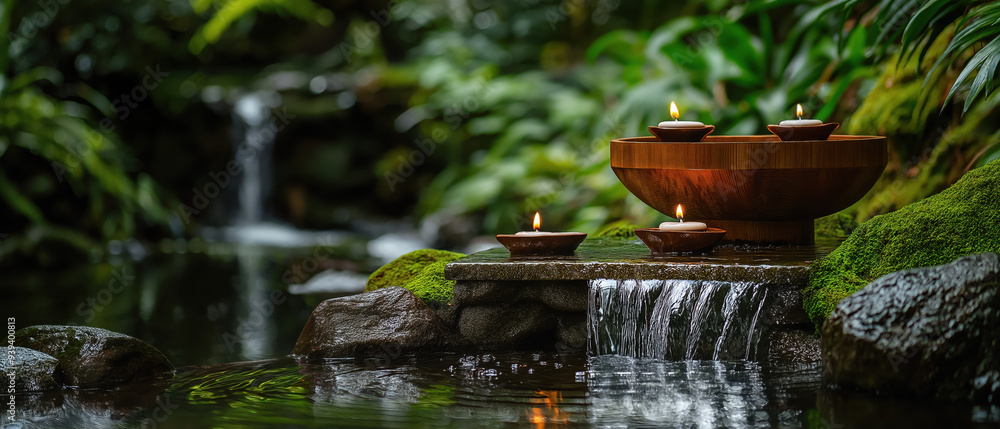 Serene water feature with floating candles and lush greenery, perfect for relaxation and meditation in a tranquil environment. Serene water feature with floating candles and lush greenery, perfect for relaxation and meditation in a tranquil environment.