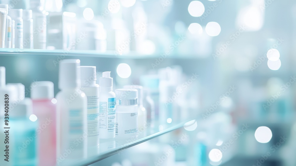A collection of various cosmetic bottles on a shelf with a soft, blurred background. A collection of various cosmetic bottles on a shelf with a soft, blurred background.