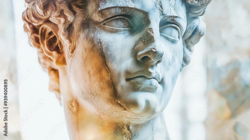 Close-up of an ancient marble statue's face, showcasing detailed craftsmanship and classical beauty in soft light. Close-up of an ancient marble statue's face, showcasing detailed craftsmanship and classical beauty in soft light.