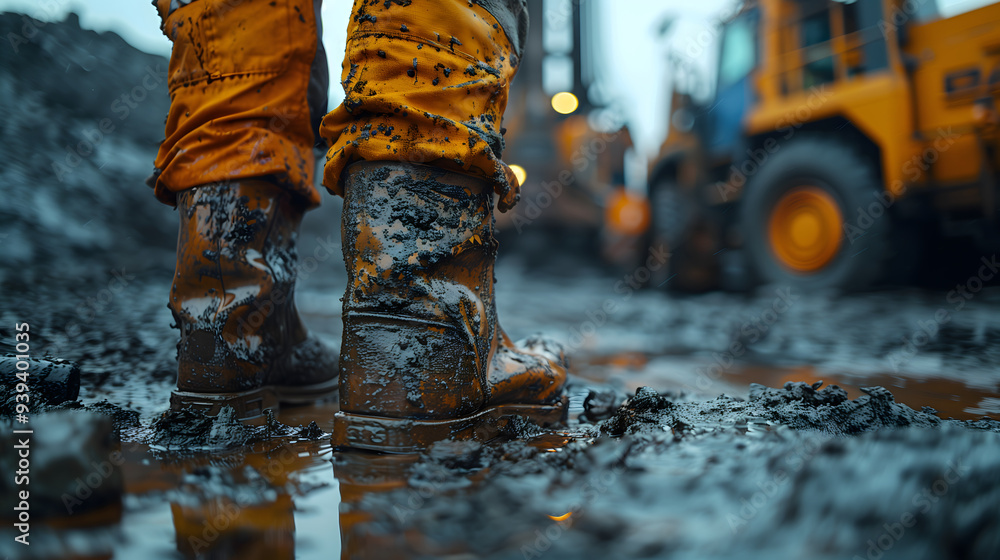 legs of a person in work shoes and yellow overalls covered with mud and oil legs of a person in work shoes and yellow overalls covered with mud and oil