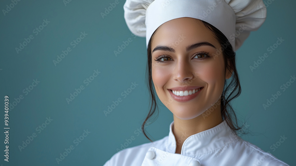 Latino Hispanic Woman Chef - chef, woman, professional, smile, uniform, hat, culinary, kitchen, cook, food, gastronomy, happy, portrait, white uniform, confident, restaurant
