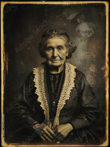 A sepia-toned portrait of an elderly woman wearing vintage clothing with lace details, giving a glimpse into a historical era and capturing the essence of aged wisdom and grace. photo