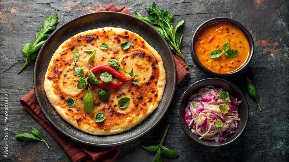 South Indian breakfast dish onion uttapam with sambar served in a black bowl and plate, top view South Indian breakfast dish onion uttapam with sambar served in a black bowl and plate, top view