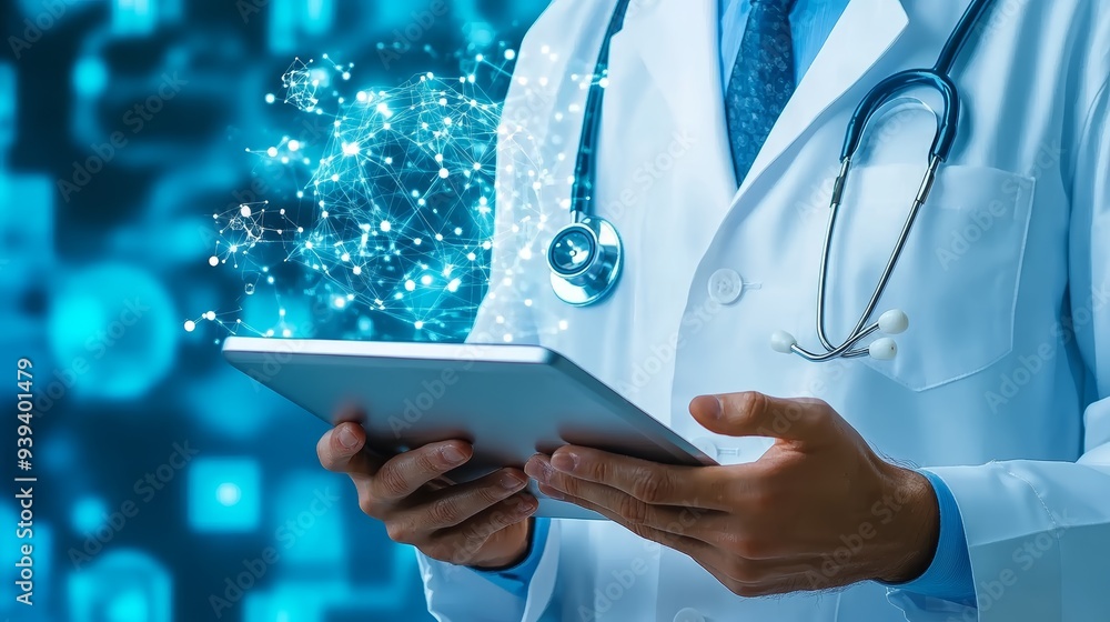 Image Naming Sentence:
A doctor using a digital tablet with a focus on technology and communication, holding the device in hand, highlighting modern healthcare with a blank screen on the tablet Image Naming Sentence:
A doctor using a digital tablet with a focus on technology and communication, holding the device in hand, highlighting modern healthcare with a blank screen on the tablet