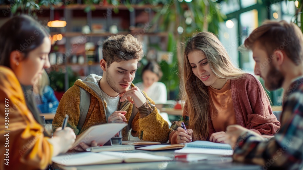 A teenager studying with friends at a cafe, discussing topics and sharing notes A teenager studying with friends at a cafe, discussing topics and sharing notes